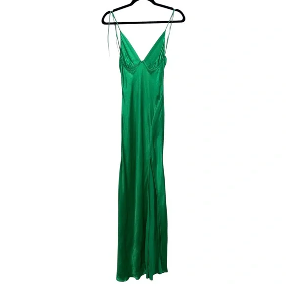 NEW NWT Bec + Bridge Ren Split Satin Maxi Dress Emerald Green Women